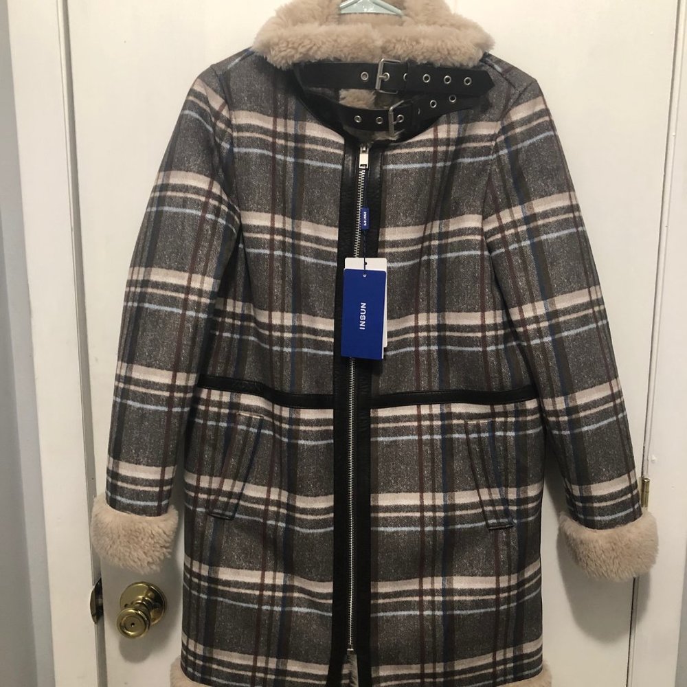 INSUN Brand Wool Sherpa Lined Leather Trim Coat